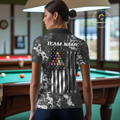 US Flag Grunge Billiard Shirts For Women Custom Patriotic 8 Ball Pool Team Jersey Polo & 1/4 Zip TDM8055