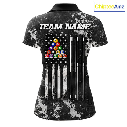 US Flag Grunge Billiard Shirts For Women Custom Patriotic 8 Ball Pool Team Jersey Polo & 1/4 Zip TDM8055