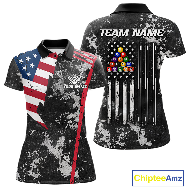 US Flag Grunge Billiard Shirts For Women Custom Patriotic 8 Ball Pool Team Jersey Polo & 1/4 Zip TDM8055