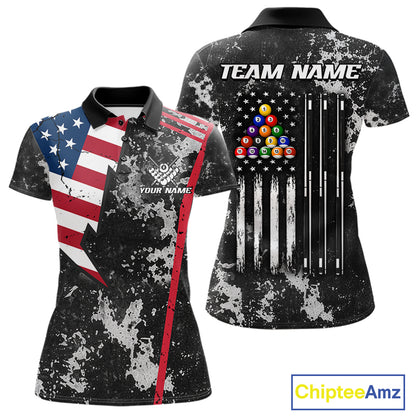 US Flag Grunge Billiard Shirts For Women Custom Patriotic 8 Ball Pool Team Jersey Polo & 1/4 Zip TDM8055