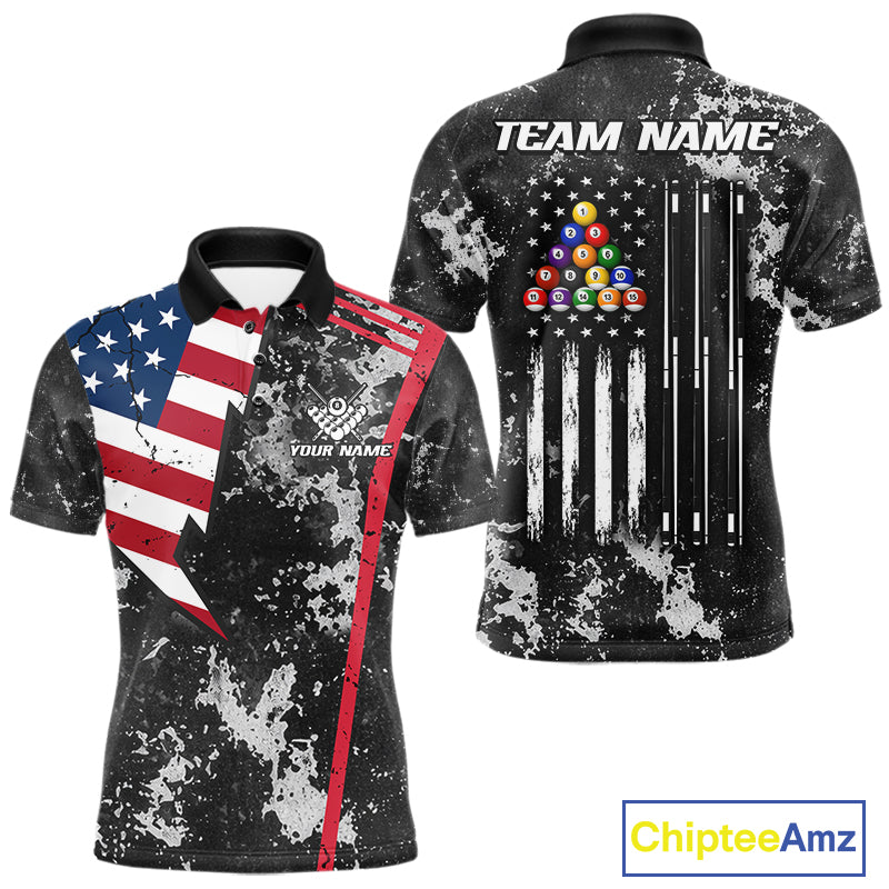 US Flag Grunge Billiard Shirts For Men Custom Patriotic 8 Ball Pool Team Jersey Polo & 1/4 Zip TDM8055