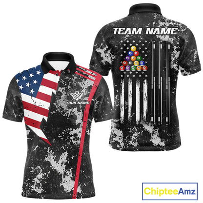 US Flag Grunge Billiard Shirts For Men Custom Patriotic 8 Ball Pool Team Jersey Polo & 1/4 Zip TDM8055
