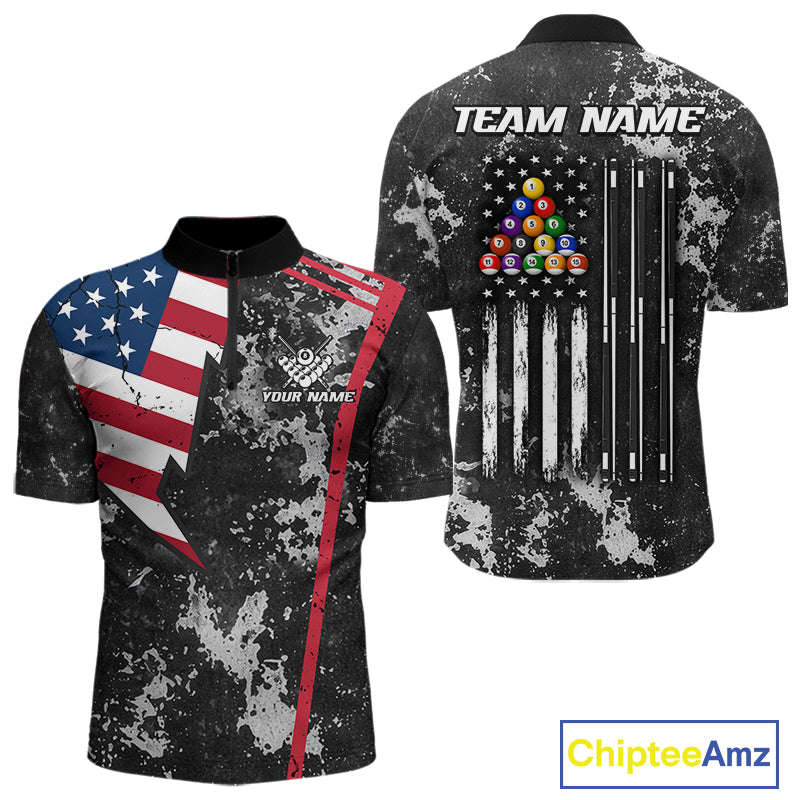 US Flag Grunge Billiard Shirts For Men Custom Patriotic 8 Ball Pool Team Jersey Polo & 1/4 Zip TDM8055