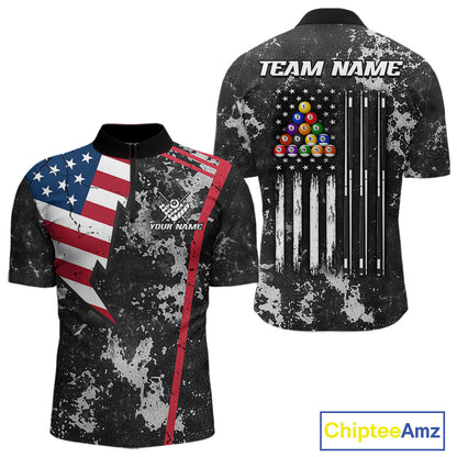 US Flag Grunge Billiard Shirts For Men Custom Patriotic 8 Ball Pool Team Jersey Polo & 1/4 Zip TDM8055