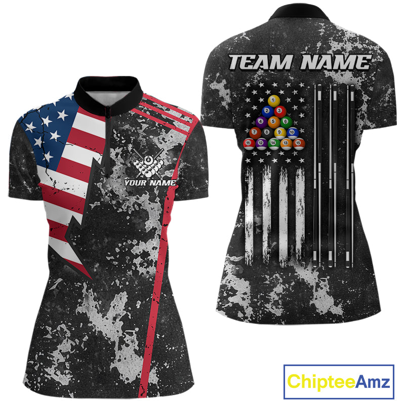 US Flag Grunge Billiard Shirts For Women Custom Patriotic 8 Ball Pool Team Jersey Polo & 1/4 Zip TDM8055