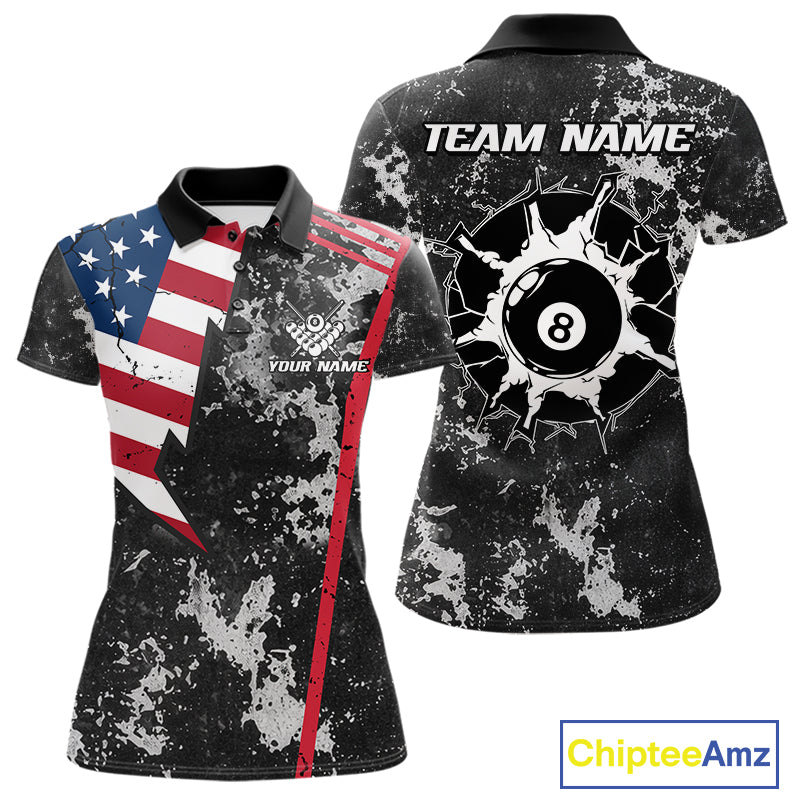American Flag Grunge 8 Ball Billiard Pool Shirts For Women Custom Patriotic Billiard Team Jersey TDM8056