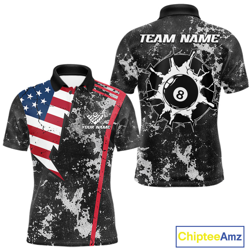 American Flag Grunge 8 Ball Billiard Pool Shirts For Men Custom Patriotic Billiard Team Jersey TDM8056