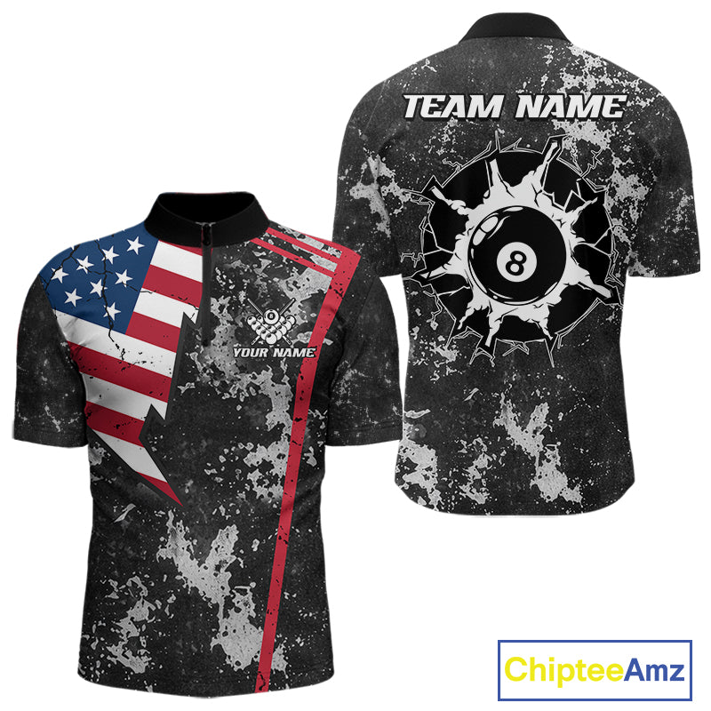American Flag Grunge 8 Ball Billiard Pool Shirts For Men Custom Patriotic Billiard Team Jersey TDM8056