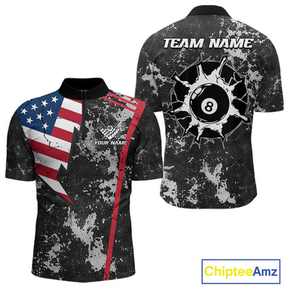 American Flag Grunge 8 Ball Billiard Pool Shirts For Men Custom Patriotic Billiard Team Jersey TDM8056