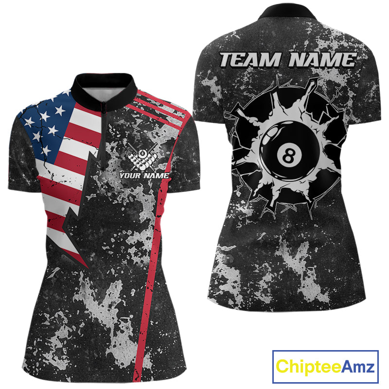 American Flag Grunge 8 Ball Billiard Pool Shirts For Women Custom Patriotic Billiard Team Jersey TDM8056