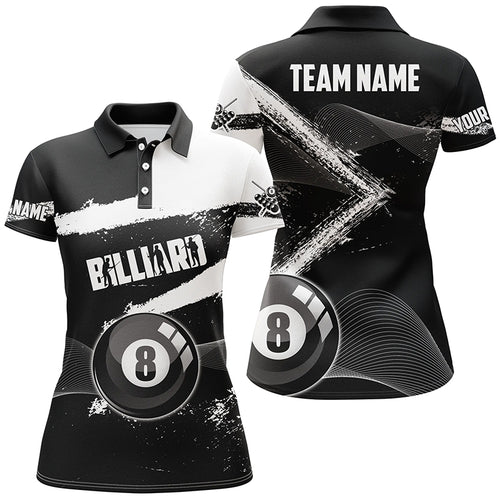 Custom Ball 8 Black Grunge Billiard Polo Shirts For Women, Personalized 8 Ball Pool Billiard Jerseys TDM0663