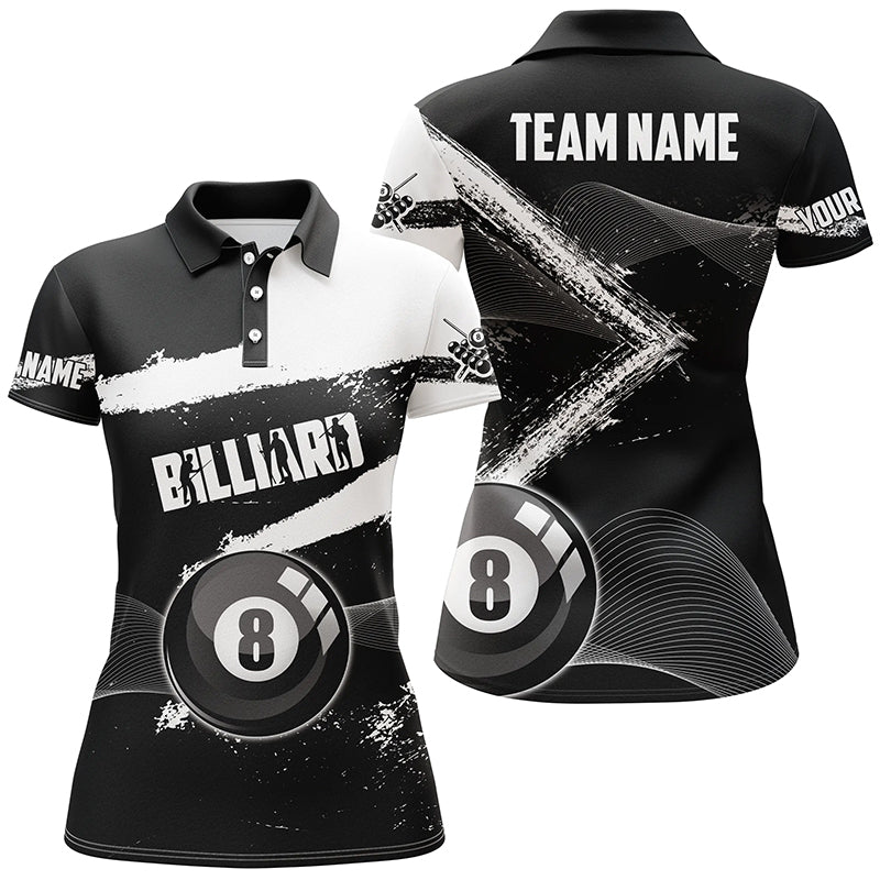 Custom Ball 8 Black Grunge Billiard Polo Shirts For Women, Personalized 8 Ball Pool Billiard Jerseys TDM0663