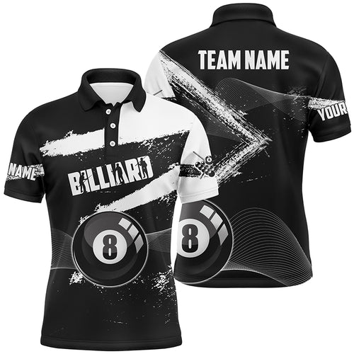 Custom Ball 8 Black Grunge Billiard Polo Shirts For Men, Personalized 8 Ball Pool Billiard Jerseys TDM0663