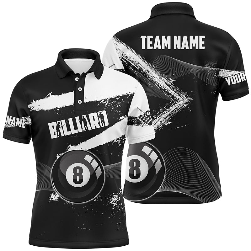 Custom Ball 8 Black Grunge Billiard Polo Shirts For Men, Personalized 8 Ball Pool Billiard Jerseys TDM0663