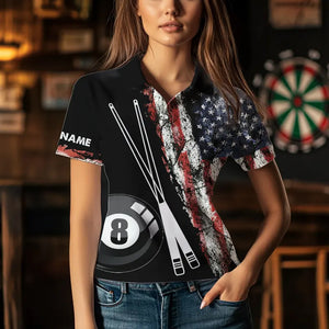 Retro Grunge American Flag 8 Ball Pool Billiard Shirt For Women Custom Patriotic Billiard Team Jersey TDM3349