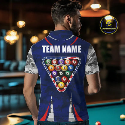 Personalized Camo American Flag Billiard Shirt For Men, Patriotic Pool Jersey Team Polo & 1/4 Zip TDM5609