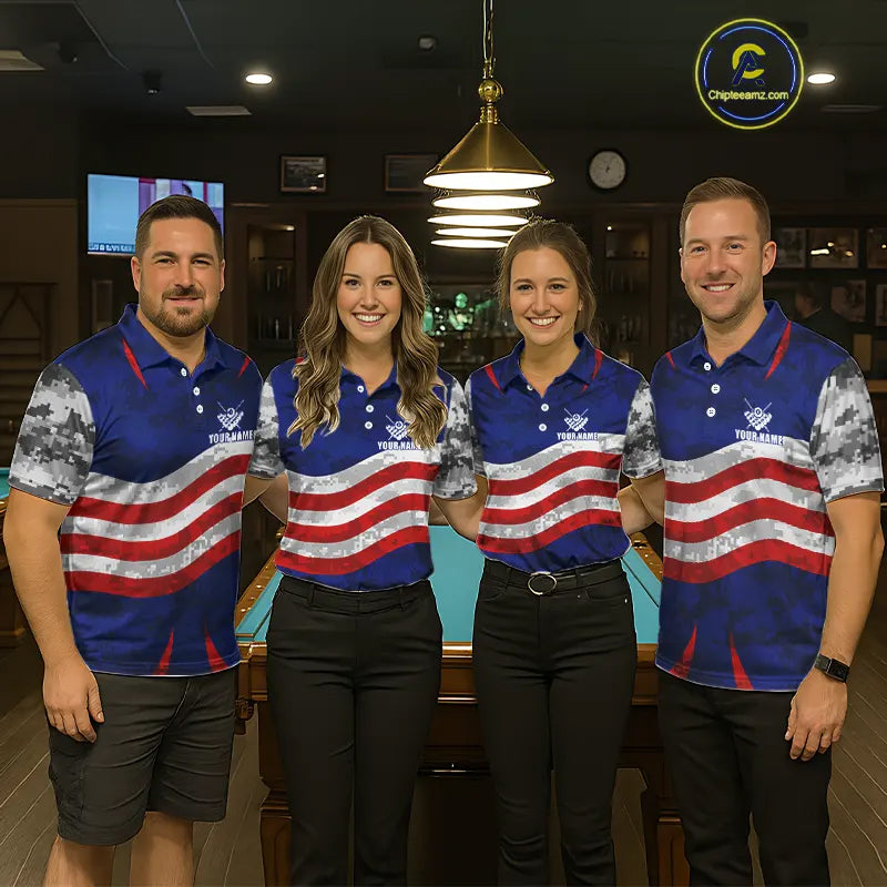 Personalized Camo American Flag Billiard Shirt For Women, Patriotic Pool Jersey Team Polo & 1/4 Zip TDM5609