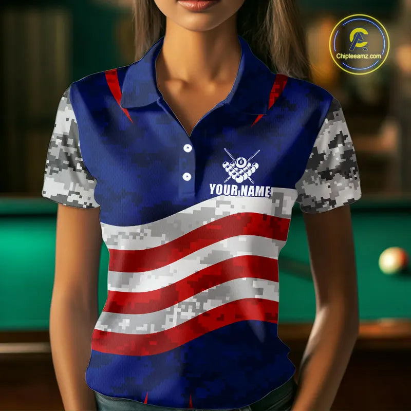 Personalized Camo American Flag Billiard Shirt For Women, Patriotic Pool Jersey Team Polo & 1/4 Zip TDM5609