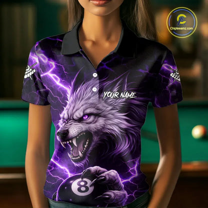 Purple 8 Ball Pool Wolf Lightning Billiard Shirt For Women Custom Billiard Team Jersey Polo & 1/4 Zip TDM5613