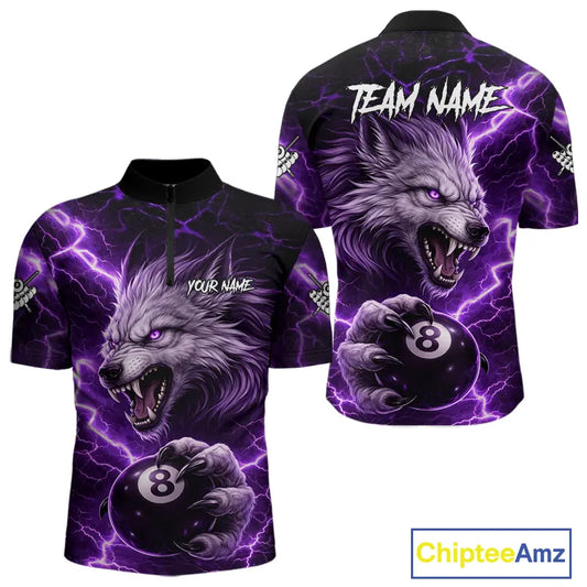 Purple 8 Ball Pool Wolf Lightning Billiard Shirt For Men Custom Billiard Team Jersey Polo & 1/4 Zip TDM5613