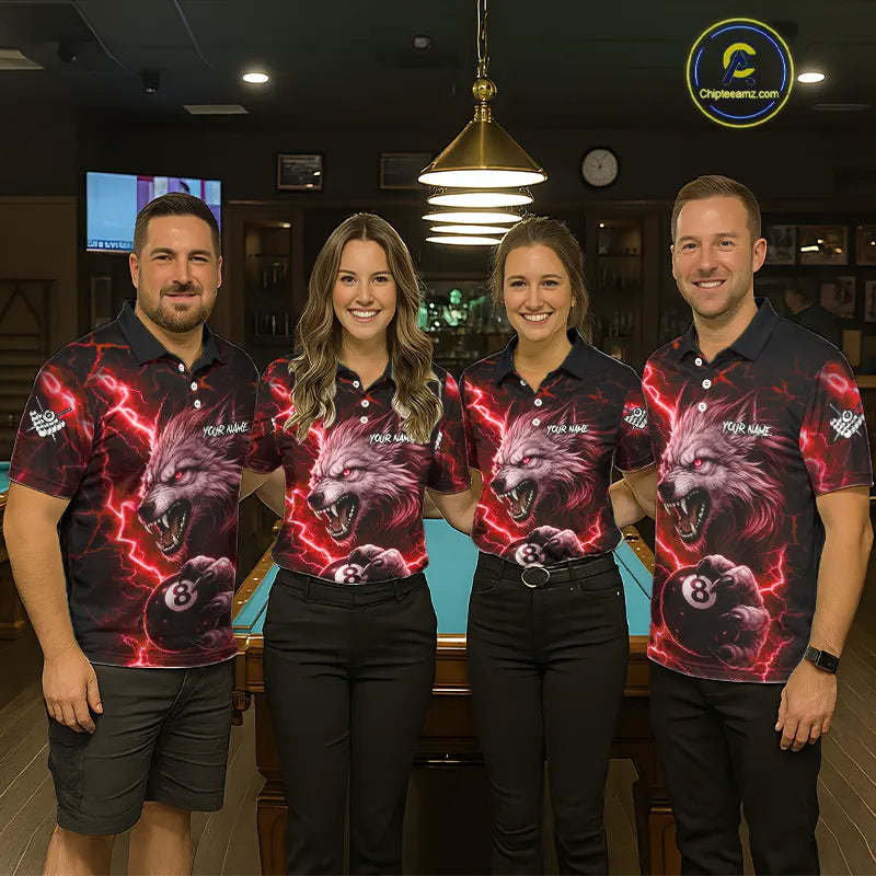 Red 8 Ball Pool Wolf Lightning Billiard Shirt For Men Custom Billiard Team Jersey Polo & 1/4 Zip TDM5614
