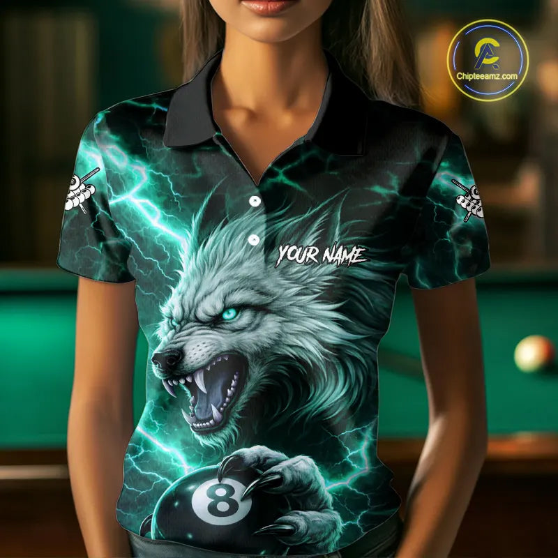 Turquoise 8 Ball Pool Wolf Lightning Billiard Shirt For Women Custom Billiard Jersey Polo & 1/4 Zip TDM5615