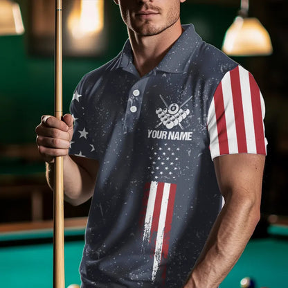 Grunge Navy American Flag 8 Ball Billiard Shirt For Men Custom Patriotic Billiard Shirt Pool Jersey TDM3663