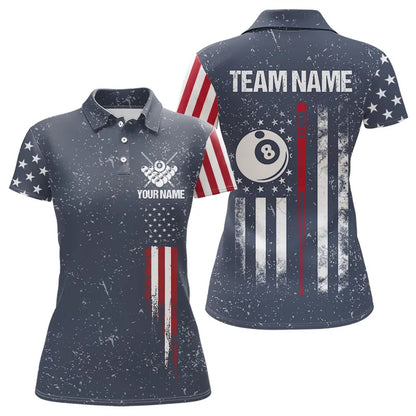 Grunge Navy American Flag 8 Ball Billiard Shirt For Women Custom Patriotic Billiard Shirt Pool Jersey TDM3663