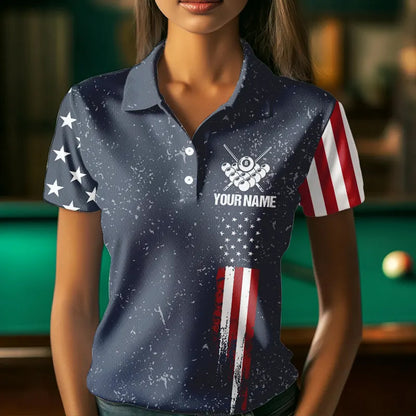 Grunge Navy American Flag 8 Ball Billiard Shirt For Women Custom Patriotic Billiard Shirt Pool Jersey TDM3663