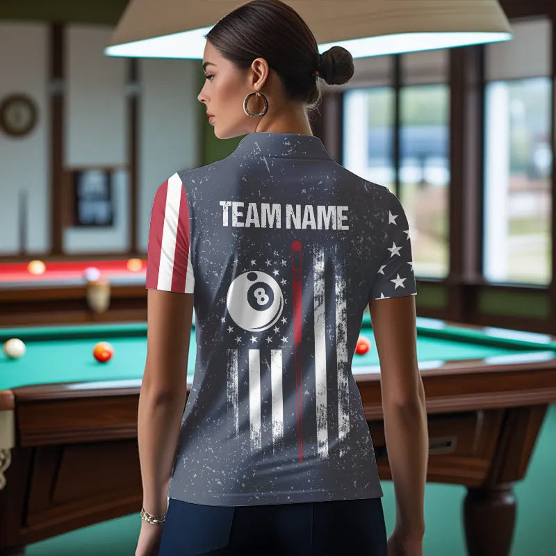Grunge Navy American Flag 8 Ball Billiard Shirt For Women Custom Patriotic Billiard Shirt Pool Jersey TDM3663