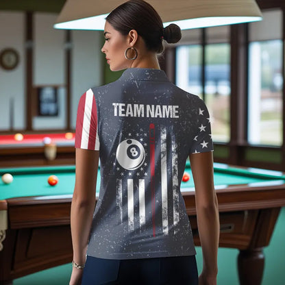 Grunge Navy American Flag 8 Ball Billiard Shirt For Women Custom Patriotic Billiard Shirt Pool Jersey TDM3663