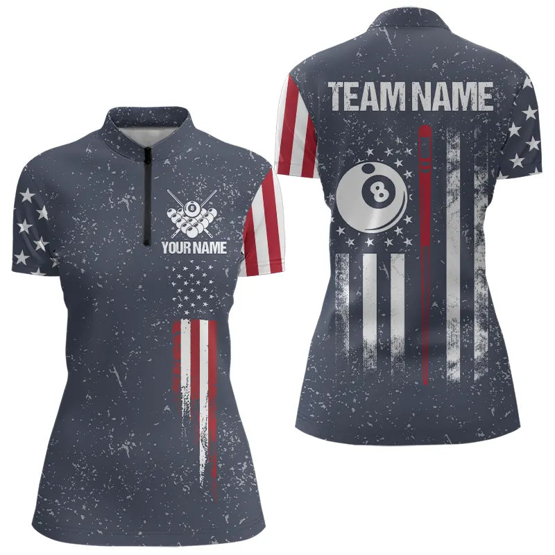 Grunge Navy American Flag 8 Ball Billiard Shirt For Women Custom Patriotic Billiard Shirt Pool Jersey TDM3663