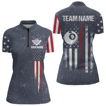 Grunge Navy American Flag 8 Ball Billiard Shirt For Women Custom Patriotic Billiard Shirt Pool Jersey TDM3663