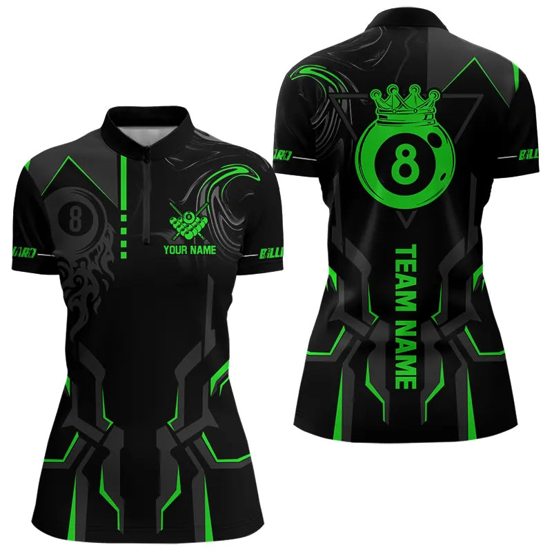 Customized 8 Ball Pool Crown Women Billiard Shirts, Green And Black Billiard Team Shirts Pool Jersey TDM3664