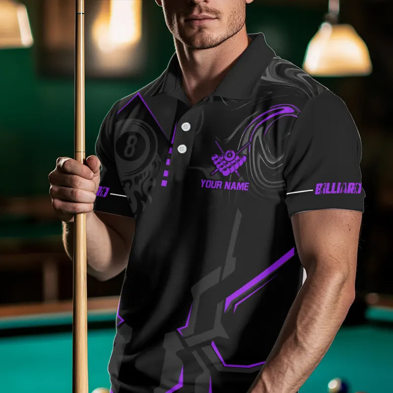 Customized 8 Ball Pool Crown Men Billiard Shirts, Purple And Black Billiard Team Shirts Pool Jersey TDM3665