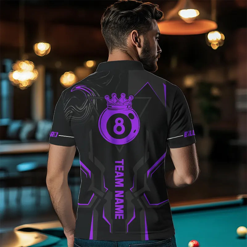 Customized 8 Ball Pool Crown Men Billiard Shirts, Purple And Black Billiard Team Shirts Pool Jersey TDM3665