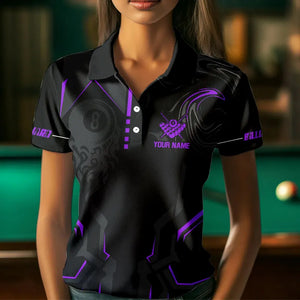 Customized 8 Ball Pool Crown Women Billiard Shirts, Purple And Black Billiard Team Shirts Pool Jersey TDM3665