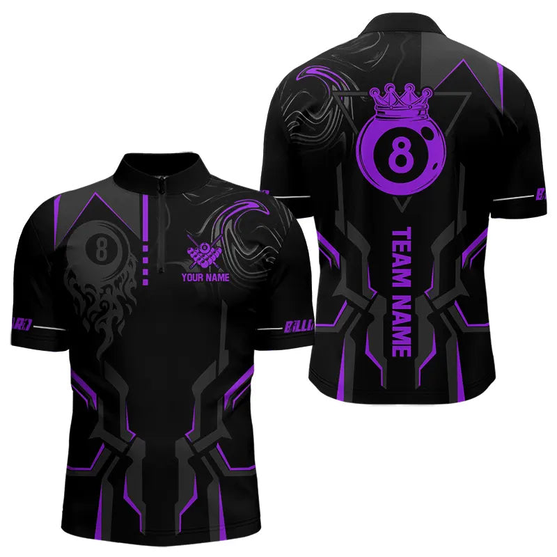 Customized 8 Ball Pool Crown Men Billiard Shirts, Purple And Black Billiard Team Shirts Pool Jersey TDM3665