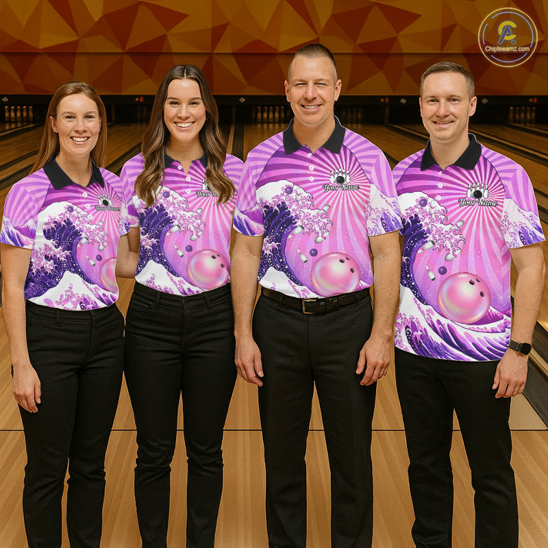 Pink And Purple Funny Waves Ocean Bowling Shirt For Men Custom Bowling Jersey Polo & 1/4 Zip TDM6224