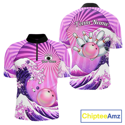 Pink And Purple Funny Waves Ocean Bowling Shirt For Men Custom Bowling Jersey Polo & 1/4 Zip TDM6224