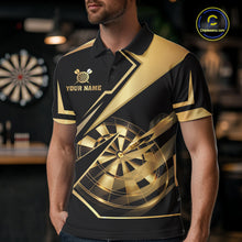 Load image into Gallery viewer, Black And Gold Darts Polo &amp; 1/4 Zip For Men Custom Darts Jersey, Darts Tournament Team Shirt TDM6226