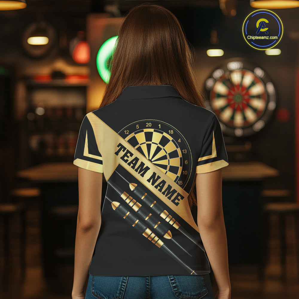 Black And Gold Darts Polo & 1/4 Zip For Women Custom Darts Jersey, Darts Tournament Team Shirt TDM6226