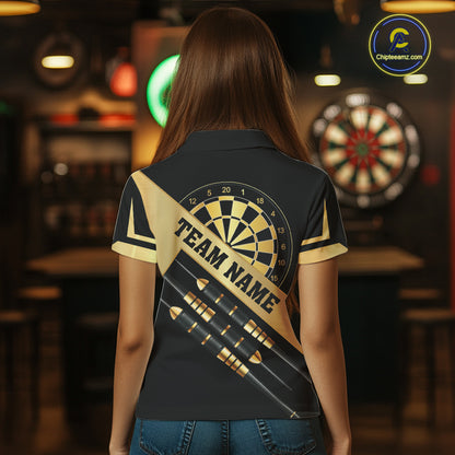 Black And Gold Darts Polo & 1/4 Zip For Women Custom Darts Jersey, Darts Tournament Team Shirt TDM6226