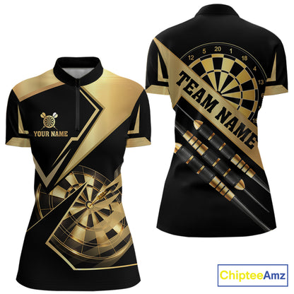 Black And Gold Darts Polo & 1/4 Zip For Women Custom Darts Jersey, Darts Tournament Team Shirt TDM6226