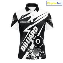 Load image into Gallery viewer, Men’s funny black and white 8 ball pool polo shirt with playful billiard team graphics.