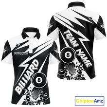 Load image into Gallery viewer, Men’s funny black and white 8 ball pool polo shirt with playful billiard team graphics.