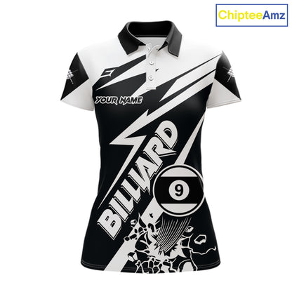 Women’s funny black and white 9 ball pool polo shirt with playful billiard team graphics.