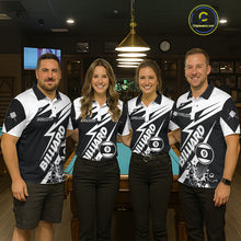 Load image into Gallery viewer, Pool team wearing matching funny 9 ball billiard jerseys during league play front view.