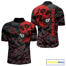 Load image into Gallery viewer, Men’s red skull 8 ball billiard quarter zip shirt designed for competitive pool matches.