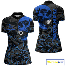 Load image into Gallery viewer, Women’s blue skull 8 ball billiard quarter zip shirt for tournaments and competitive matches.